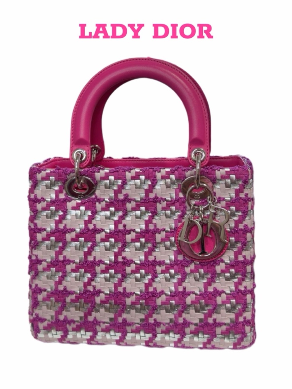 Dior Pink Tweed Lady Dior Satchel with Silver Hardware